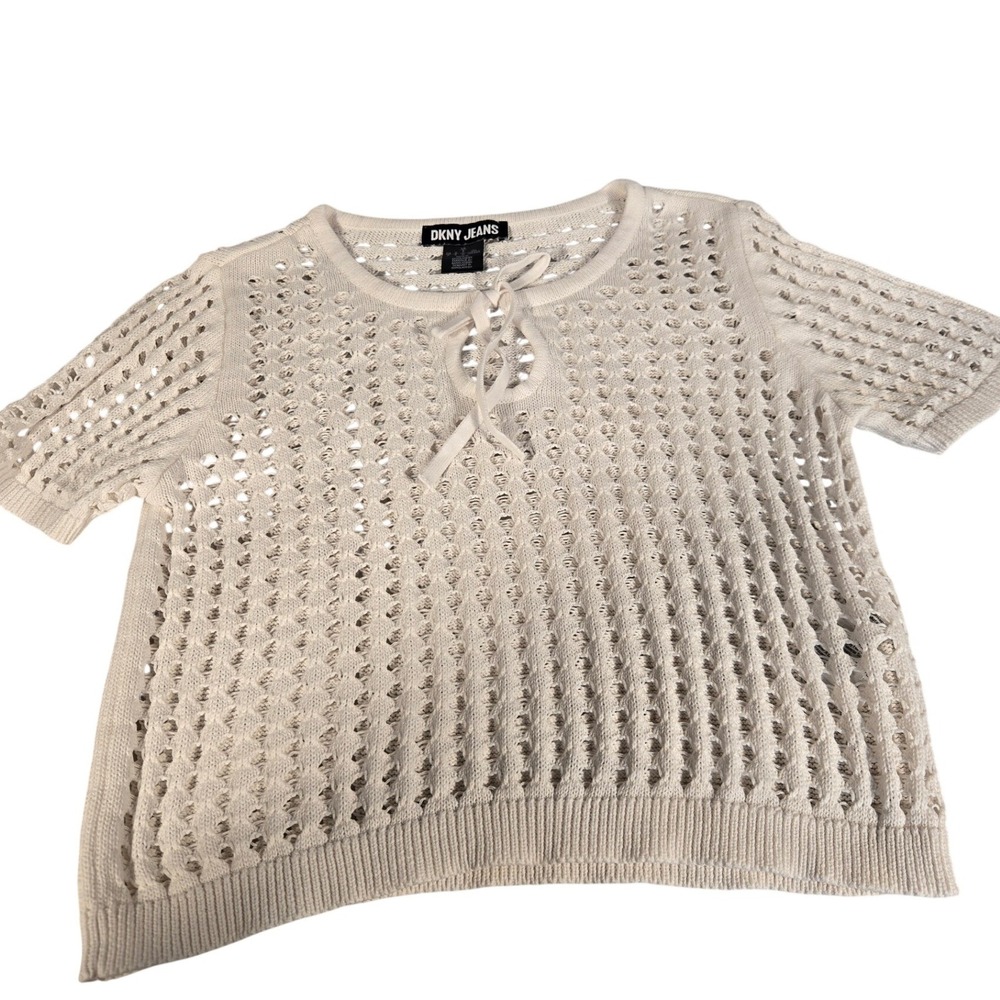 DKNY Jeans Womens White Open Knit Crochet Short Sleeve Tie Neck Top DJRR0335 S